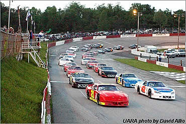 UARA Late Model Stock Car starting field to the green flag in the Ashley Nicole Dream Playground 150 at Newport Speedway