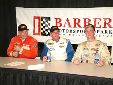 SCCS drivers (LtoR) Marshall McLeod 3rd place, JP Morgan winner and Chris Mitchum. SCCS drivers during the Driver Interview session after the "Stock Cars at the Park" race presented by DRP